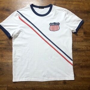 Steel City Men’s M White Striped Graphic T-shirt 100% Cotton